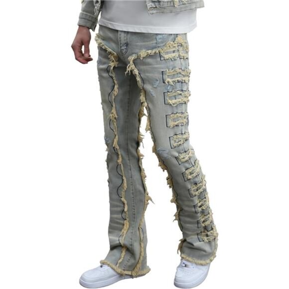 New w Tags Men's Ripped Bootcut Jeans Slim Fit Bell Bottom Ripped Flared Denim - Picture 1 of 7